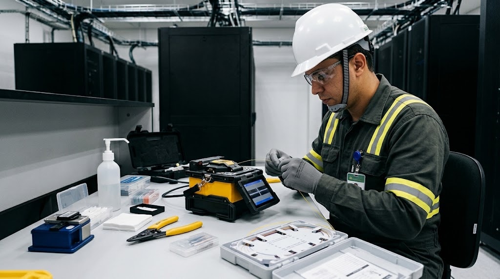Corredor de data center com fileiras de racks brancos de portas perfuradas e piso elevado