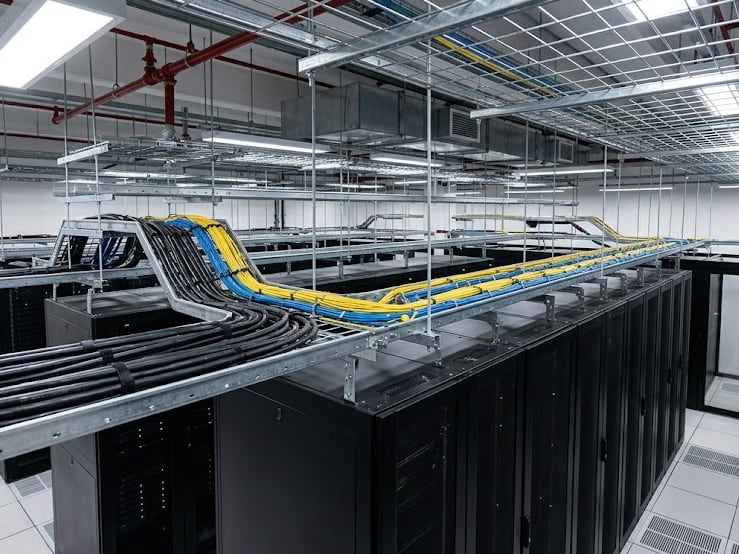 Sala de data center com eletrocalhas aramadas suspensas levando feixes de cabos pretos, azuis e amarelos sobre fileiras de racks, com piso elevado